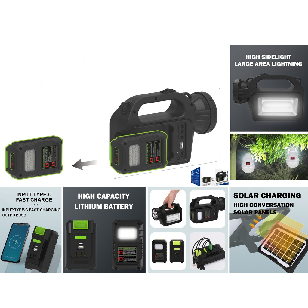 Sistema solar portatil con linterna lateral y bateria removible