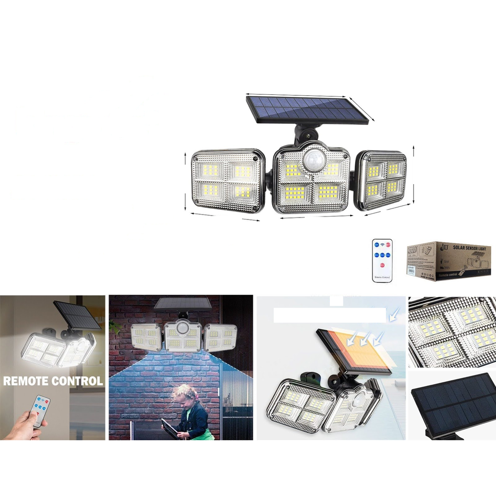 Lampara solar de pared 3 cabezas con sensor de movimiento y control remoto