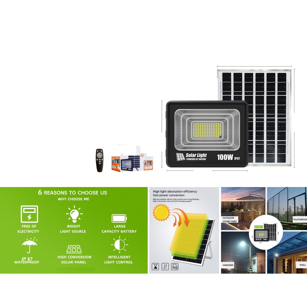 Reflector solar LED 100W con panel solar y control remoto