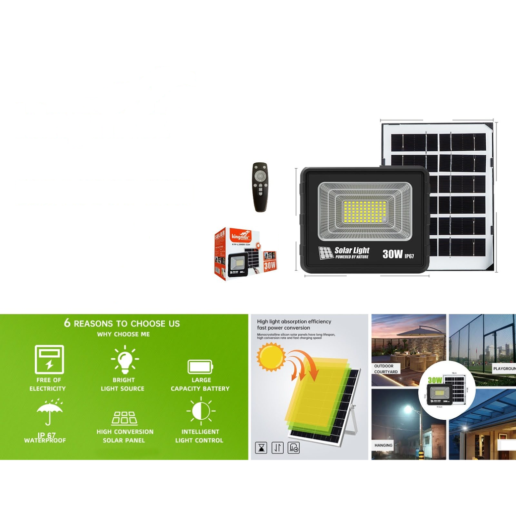 Reflector LED solar 30W con panel y control remoto