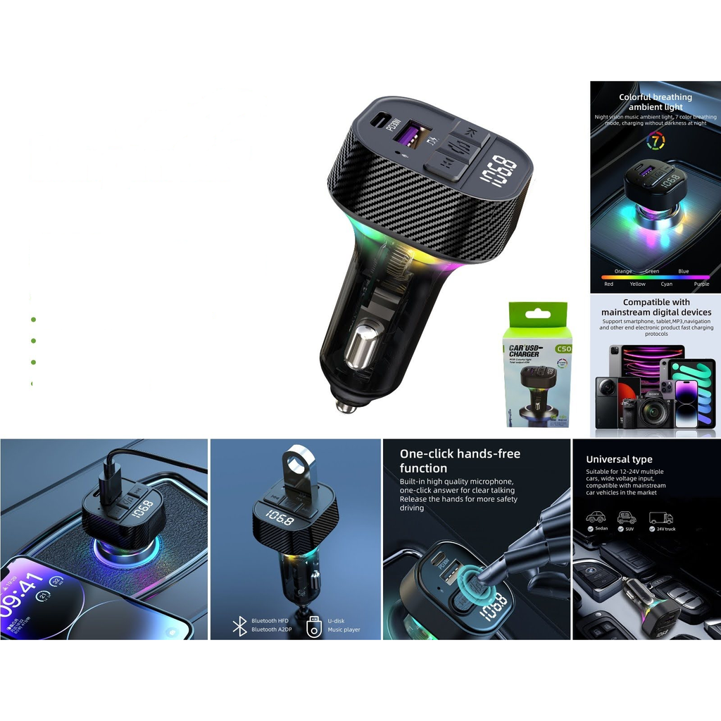 [C50] Transmisor FM cargador para auto BT USB con luz ambiental