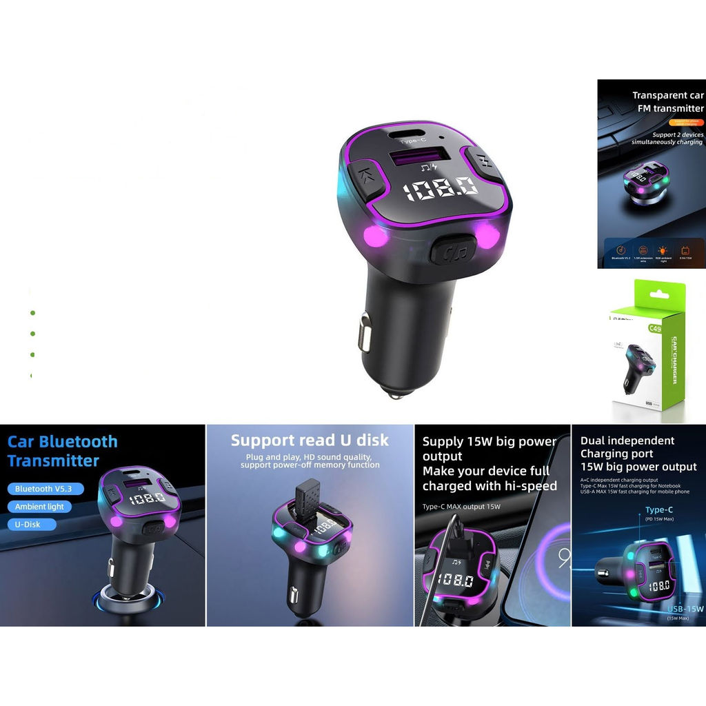 [C49] Transmisor FM cargador para auto BT USB