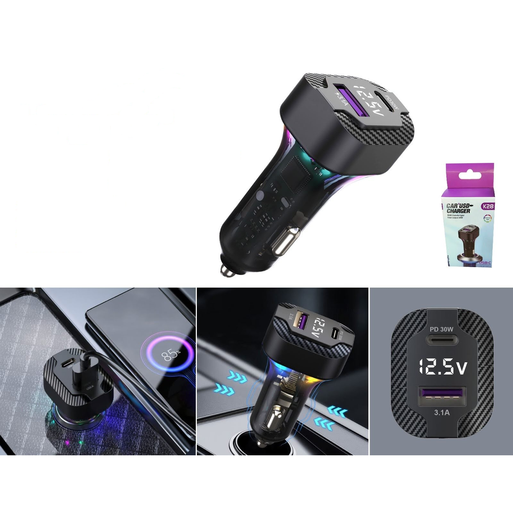 Cargador para auto 30W PD con pantalla y luz - Modelo K28