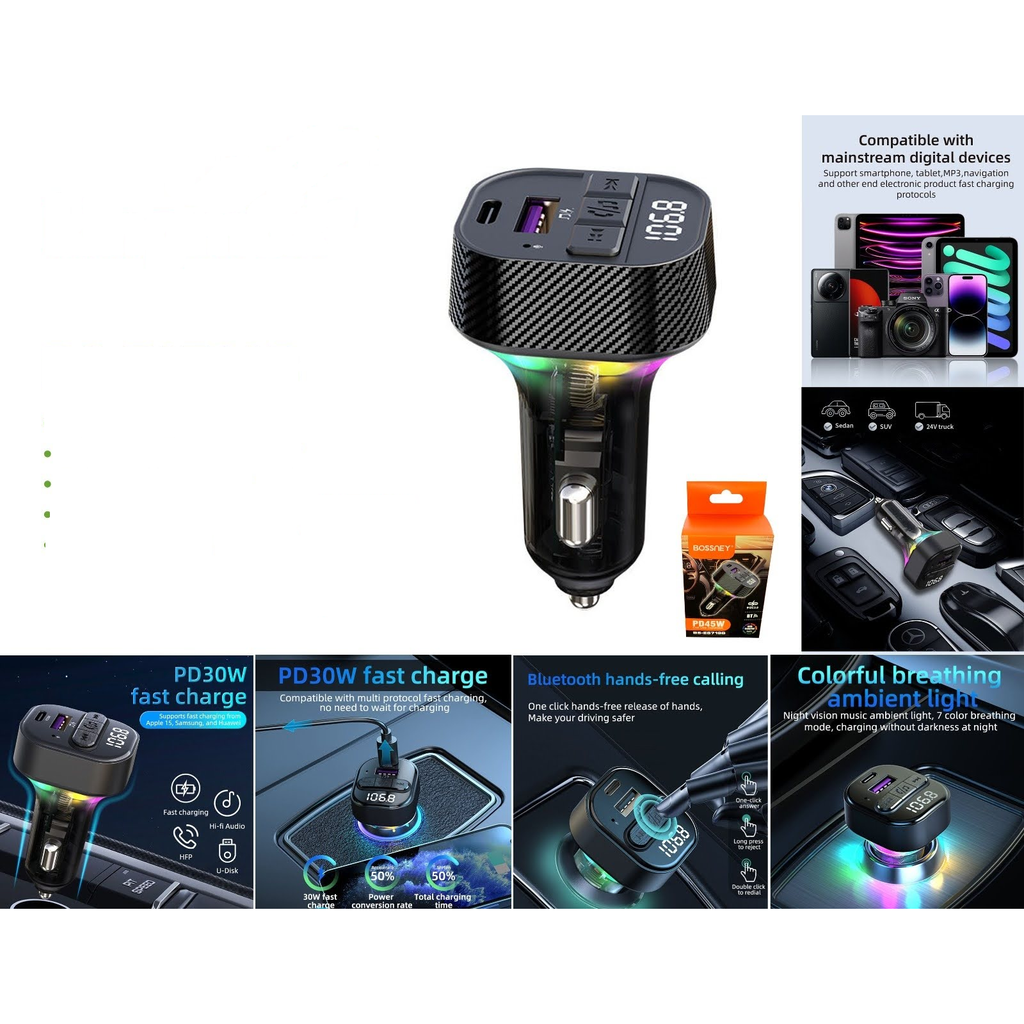[BS-E6719B] Transmisor FM Bluetooth para auto con cargador PD45W