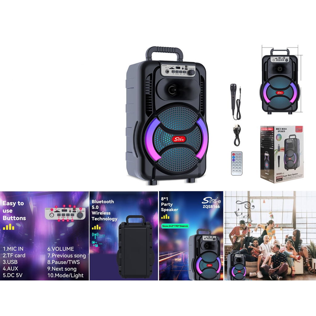 Parlante Bluetooth 8 pulg con microfono y control remoto - Modelo ZQS8166