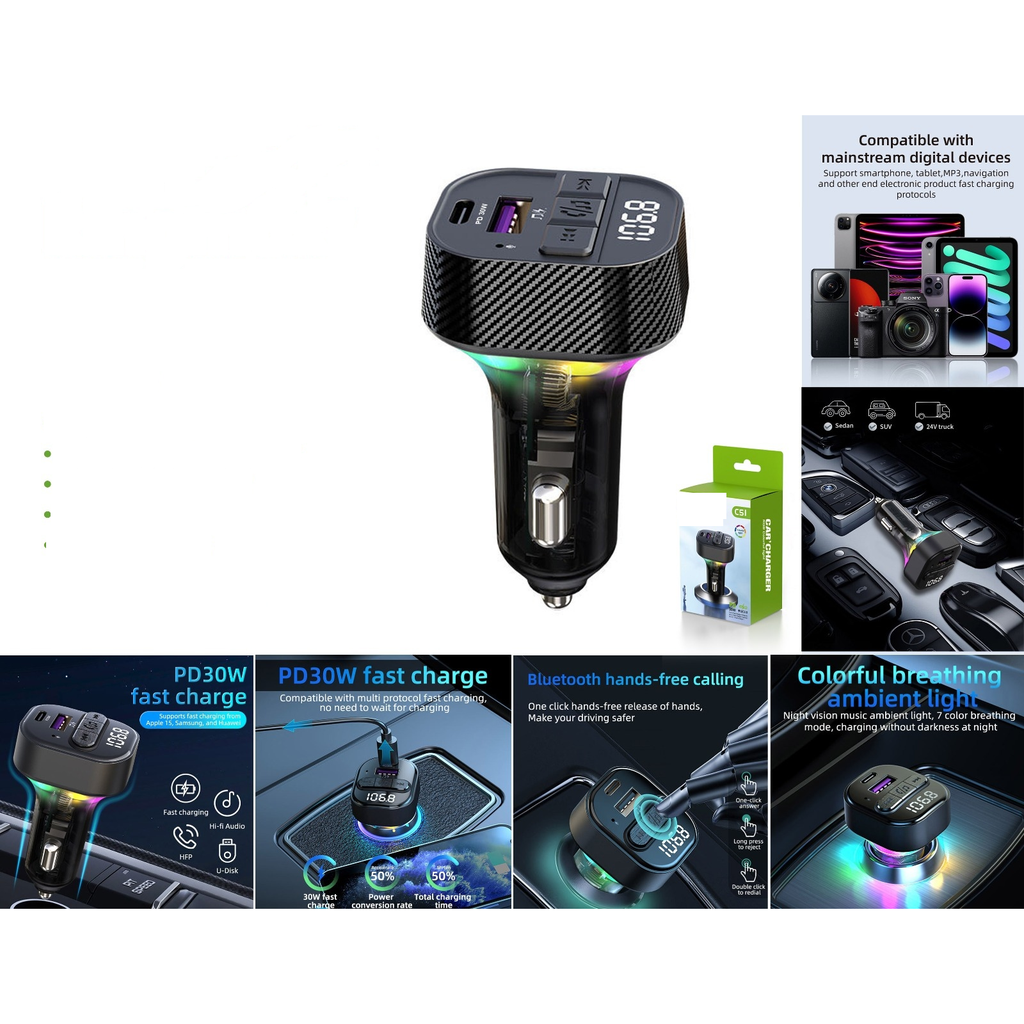 [C51] Transmisor cargador para auto Bluetooth FM USB PD45W
