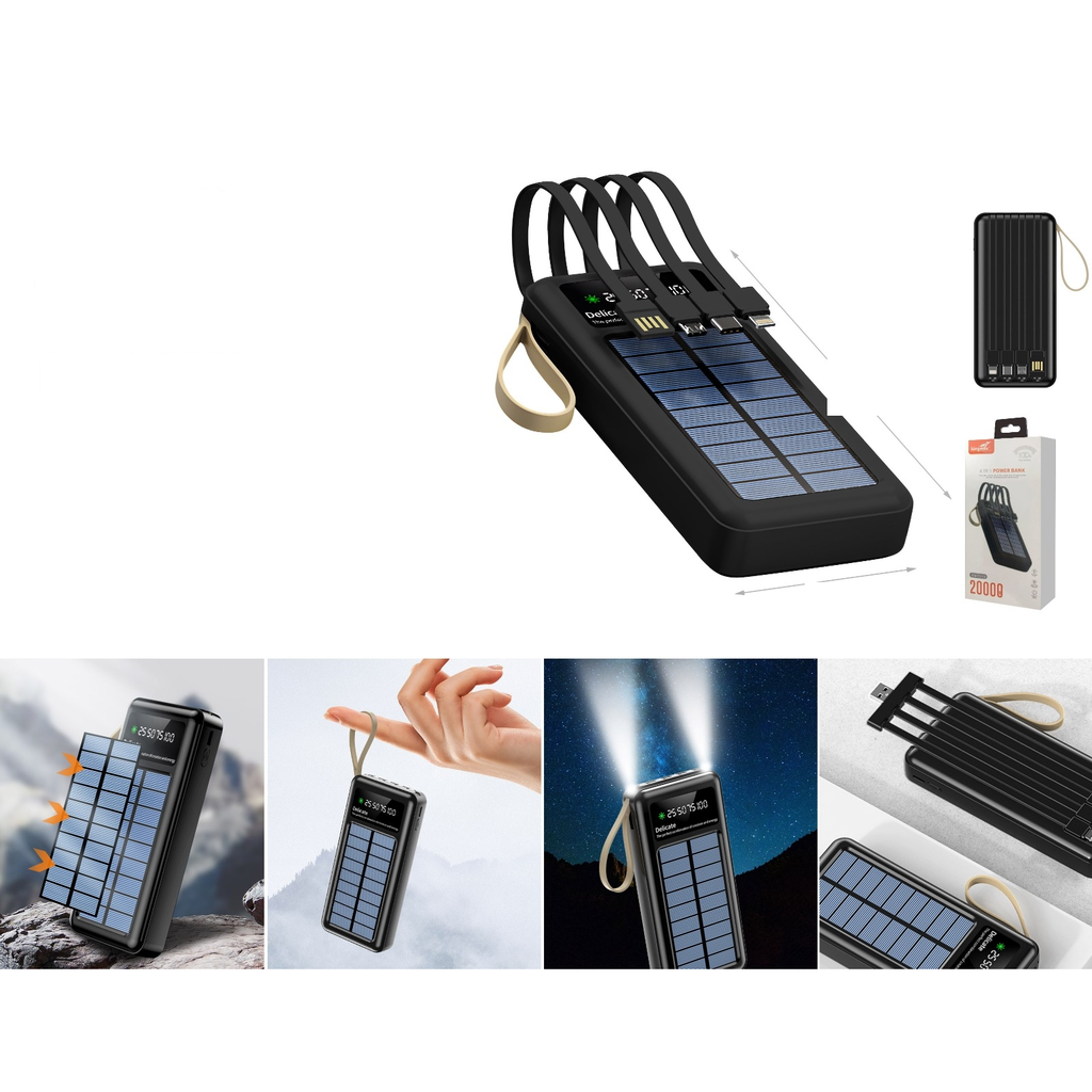 Bateria externa solar 20000mAh con cables integrados y linterna