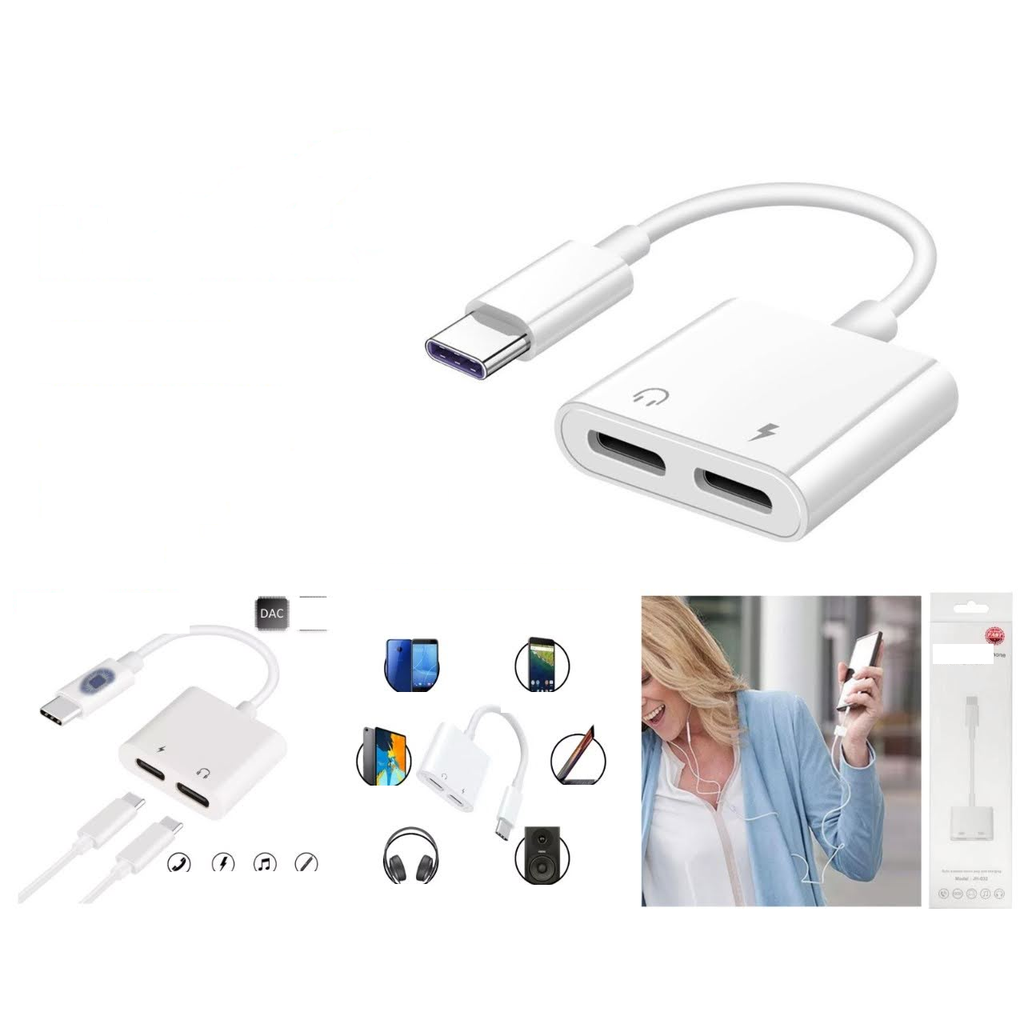 Adaptador doble USB-C carga y audio con carga rapida