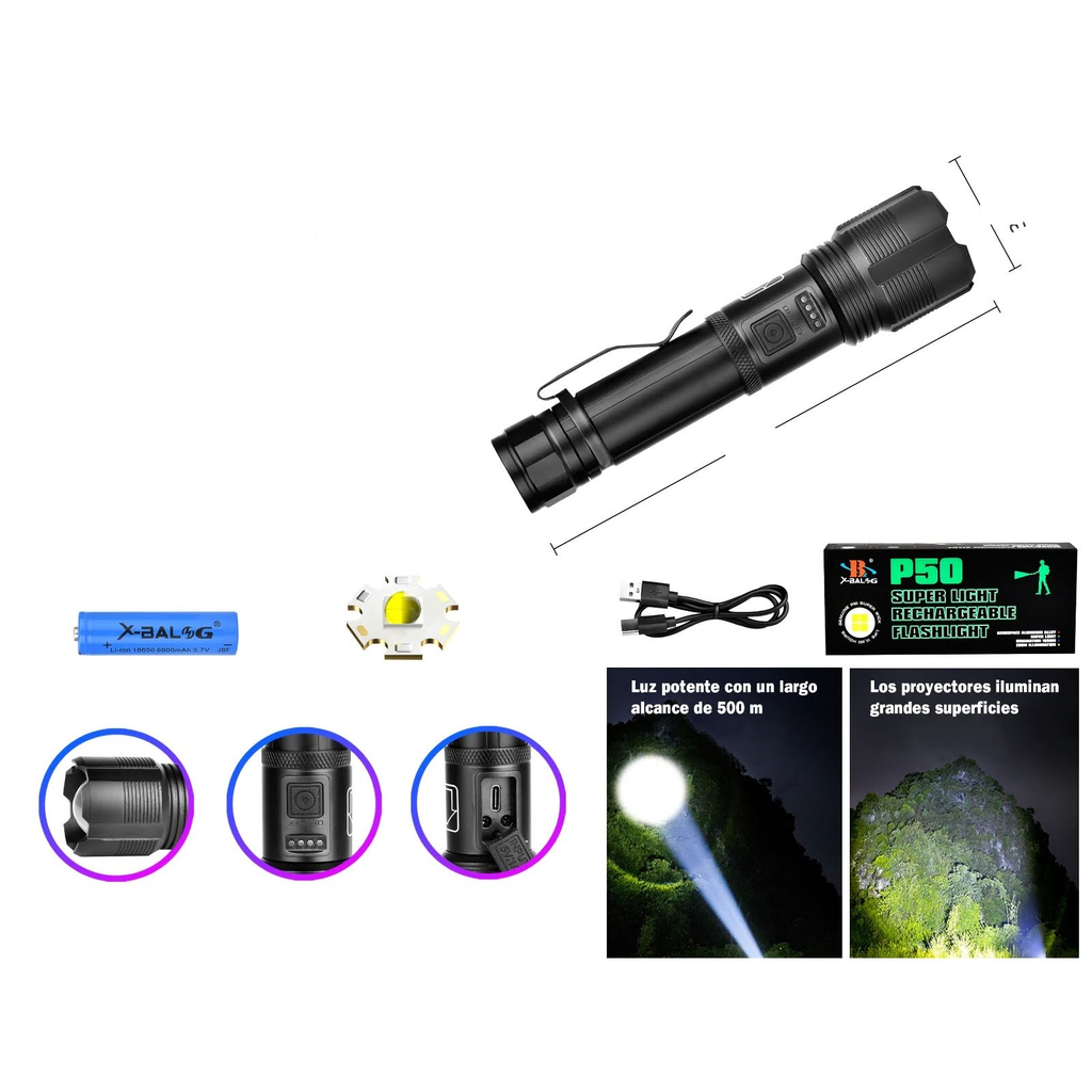Linterna recargable LED de largo alcance con zoom