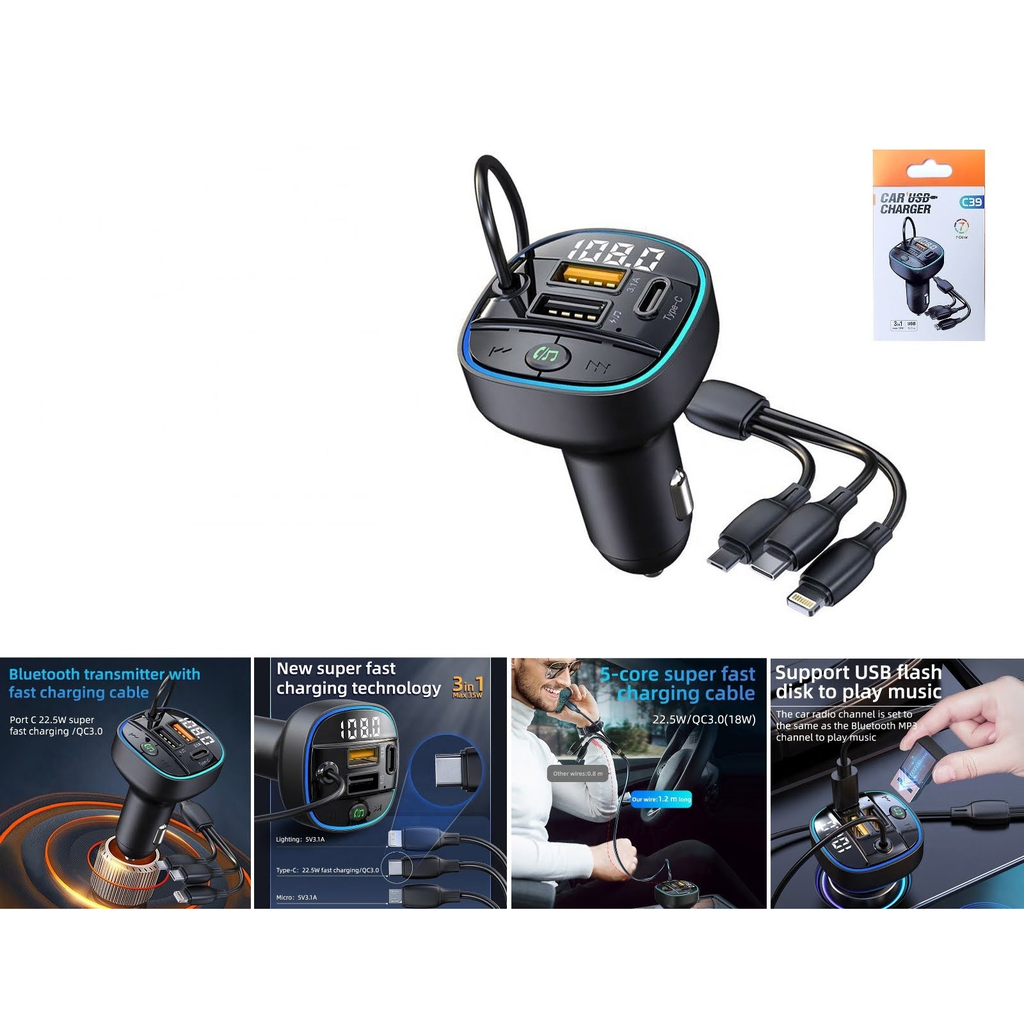 [C39] Transmisor FM Bluetooth para auto con cable de carga 3 en 1