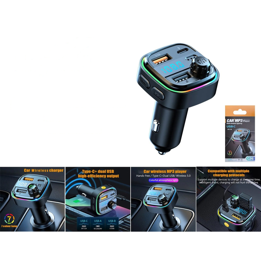 [C26] Transmisor FM Bluetooth para auto con luz RGB y doble USB - Modelo C26