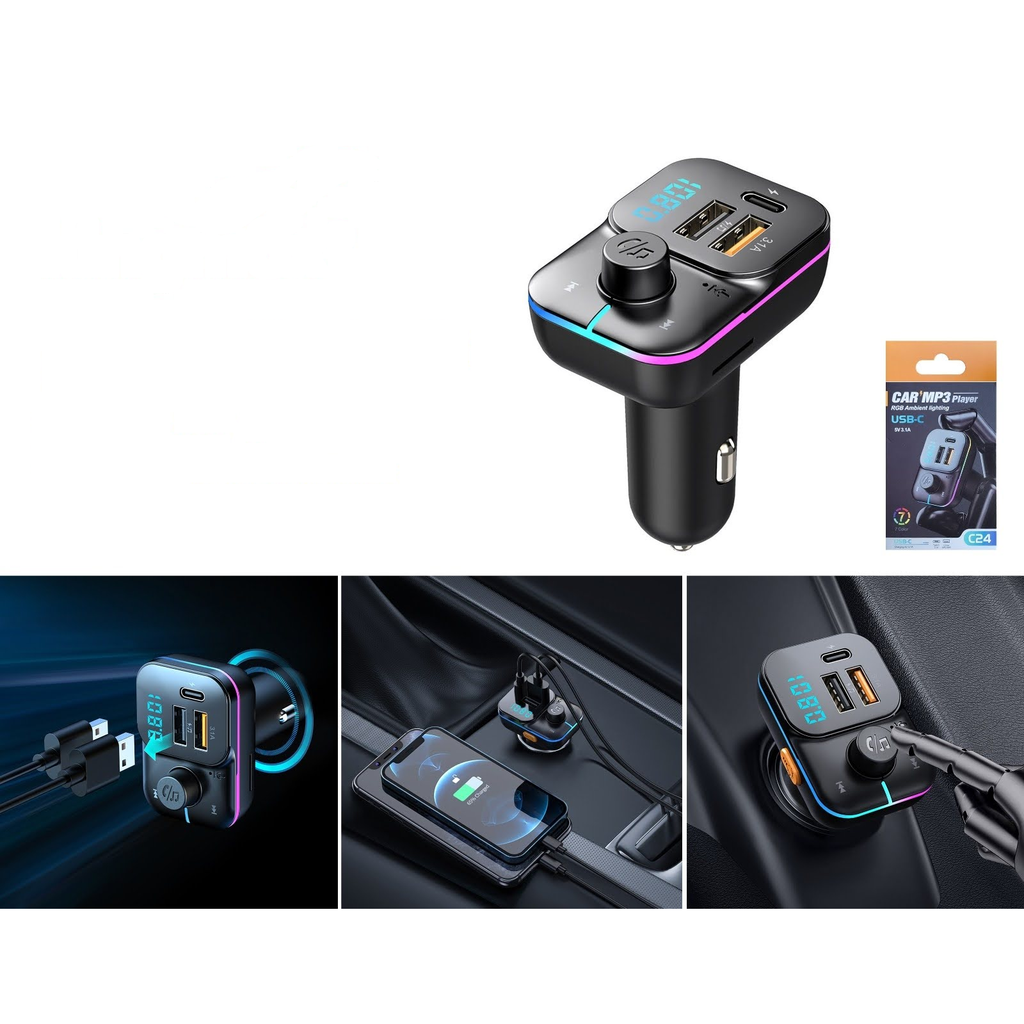 [C24] Transmisor FM Bluetooth para auto con luz RGB y doble USB - Modelo C24
